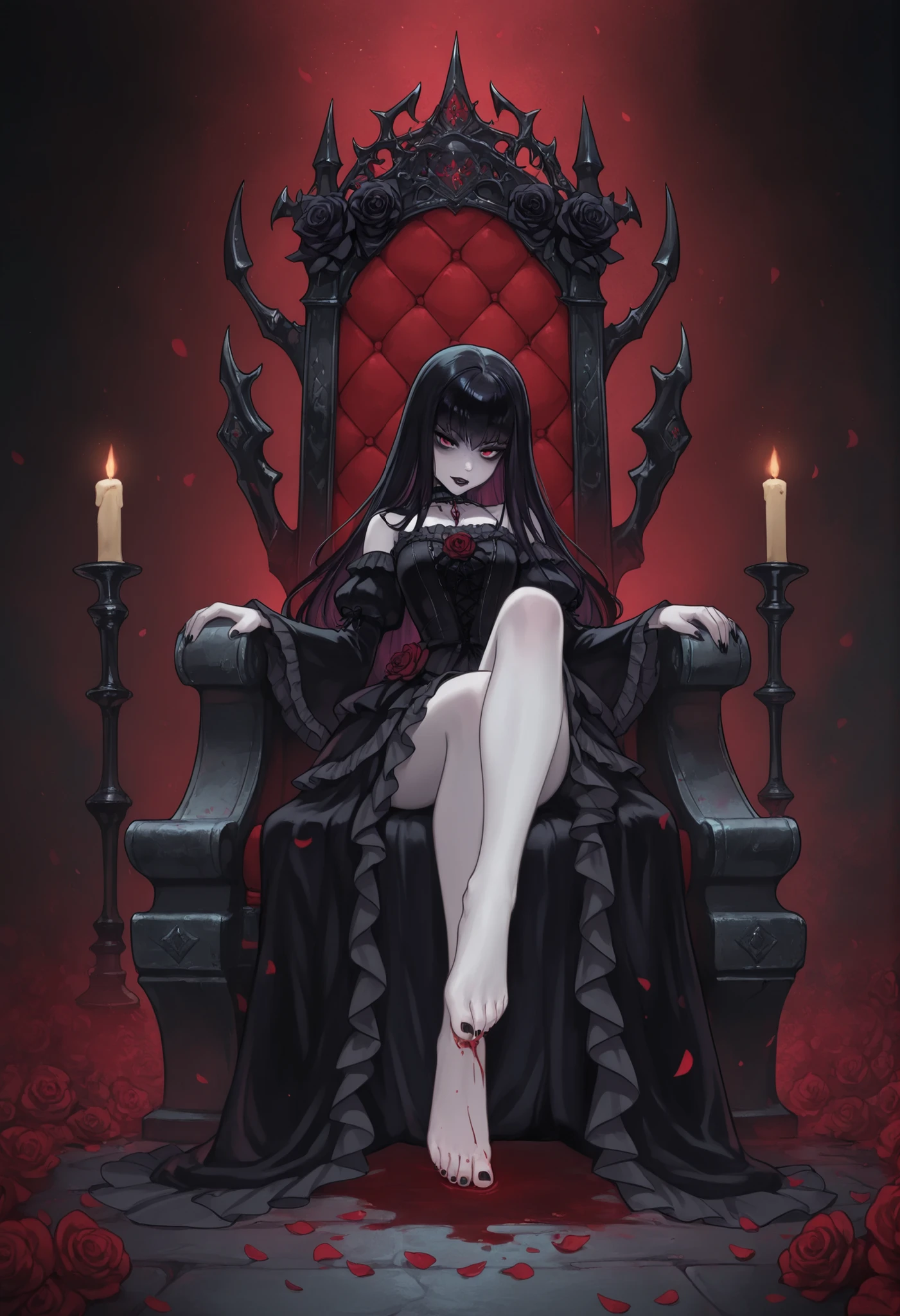((illustration of a female version of Strahd Von Zarovich in sexy gothic noble outfit sitting on a throne holding a glass wine goblet filled with blood)), royal noble outfit, ((vampire)), has teeth fangs, long black hair, portrait, 8k resolution, masterpiece, high quality, ultra detailed eyes, 1girl, female focus, voluptuous figure, ((sad demeanor)), vampiric features, showing, vampire fangs, pale skin, elf ears, castle interior background, gothic theme, dungeons and dragons fantasy aesthetics, use Curse of Strahd visuals, sassy demeanor