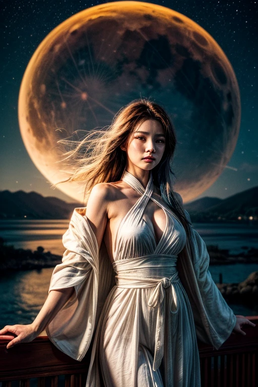 Masterpiece, Best Quality, Official Art, 8k Wallpaper, Very Detailed, Illustration, 1 Girl, Sky Blue Hair, Long Hair, Detailed Eyes, Forrest Gump, Bare Shoulders, Hanfu, Lake, Pure, Soft Smile, bamboo, tea, arafed woman in a white dress with a red ribbon and a full moon, palace , a girl in hanfu, white hanfu, flowing hair and long robes, flowing white robes, inspired by Wu Li, xianxia fantasy, chinese fantasy, beautiful celestial mage, inspired by Wu Bin, flowing magical robe, beautiful character painting, inspired by Zhu Derun, Flowing long hair tied with a decorative golden accessory, wearing a traditional white robe with intricate gold embroidery and a striking red sash, standing with arms slightly outstretched in a graceful pose under the luminous glow of a full moon, with a celestial backdrop of night sky and ethereal lighting creating a mystical and serene atmosphere.