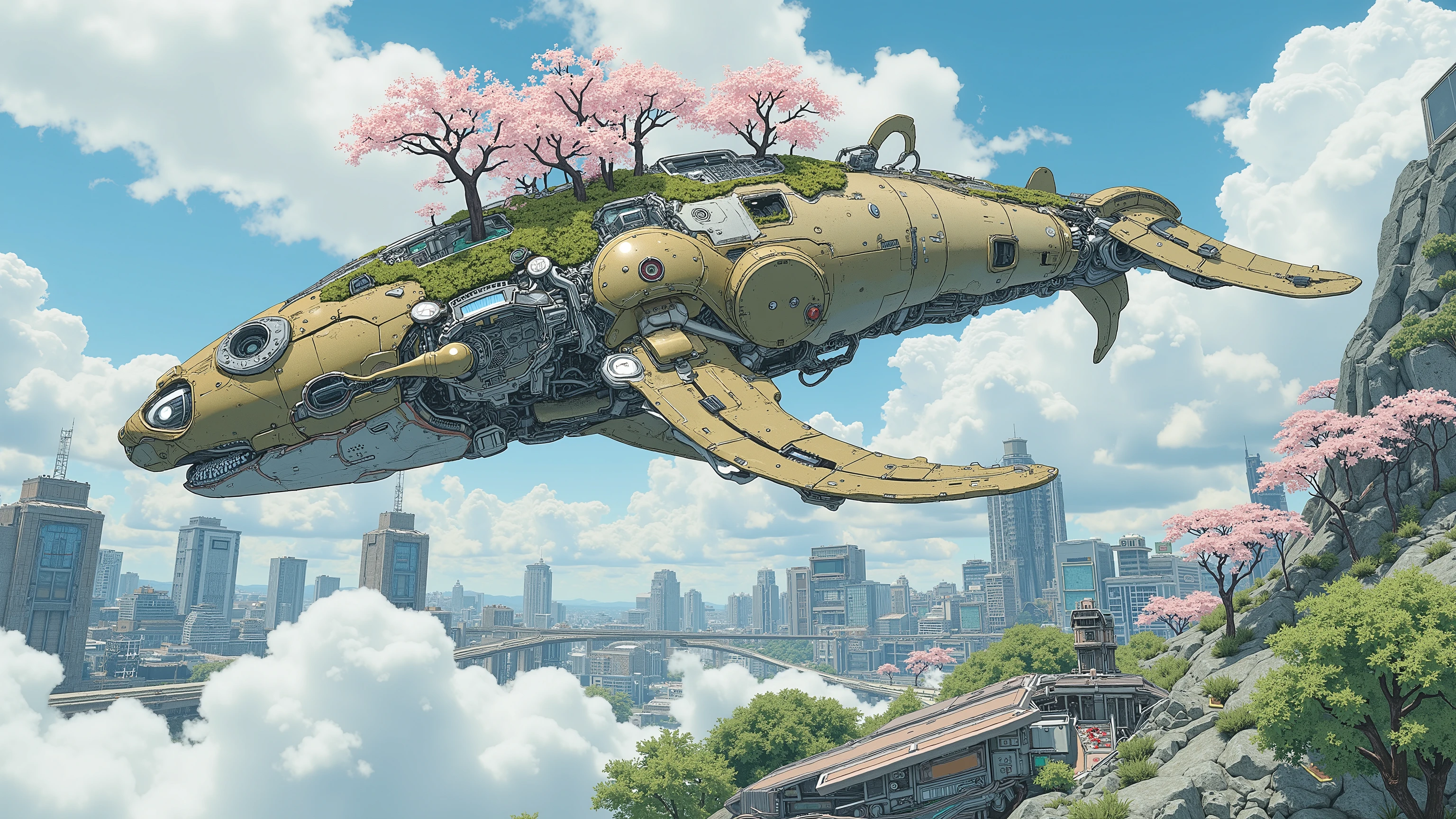 (masterpiece:1.3, top quality:1.3, detailed description:1.3, high quality:1.3),(1huge Robot whale\Metal body, trees of cherry blossom on the whale's back, Beautiful luster, beautiful metal details, precision machinery, moss growing, There are buildings and houses and parks and lakes and mountains, A very developed city, The city is depicted in crisp detail, low angle:1.5), (A mechanical whale gracefully swims between a futuristic floating city and a sea of clouds, The developed city floating in the air is depicted with extremely clear details, featuring skyscrapers and highways., whale swims in the sea of clouds)