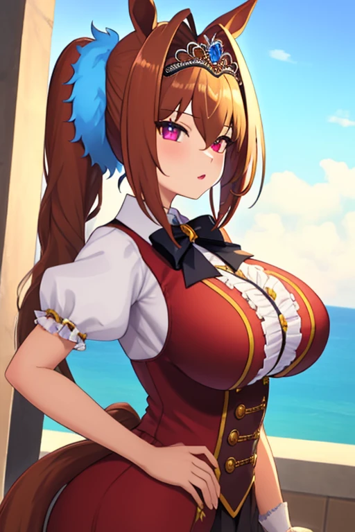 masterpiece, ((Ultra detailed background, Delicate pattern, Intricate details)), (Very detailed, Fine details), best quality, Beautiful Lights, (( breast, Slim girl)), Nano V3, ((Maid costume)), bavarian clothing, ((plump,大breast,Cleavage))
, 1 Girl, Orange Hair, Solitary, Long hair, jewelry, Brown eyes, Smile, earrings, Blue Tattoo, (Complex and detailed background, barren land, rock, ocean, Orsted, Natural Environment), (Cowboy shooting),