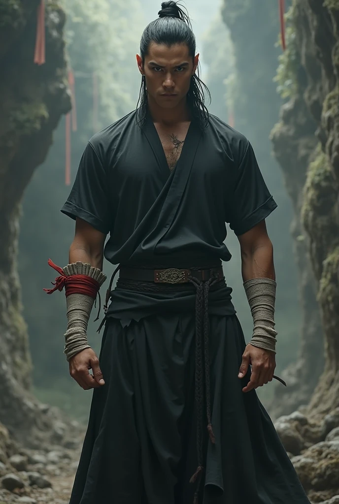 samurai in 4k full of scars on his body fighting with a sword in his hand in a dark forest cinematic scene lens blur