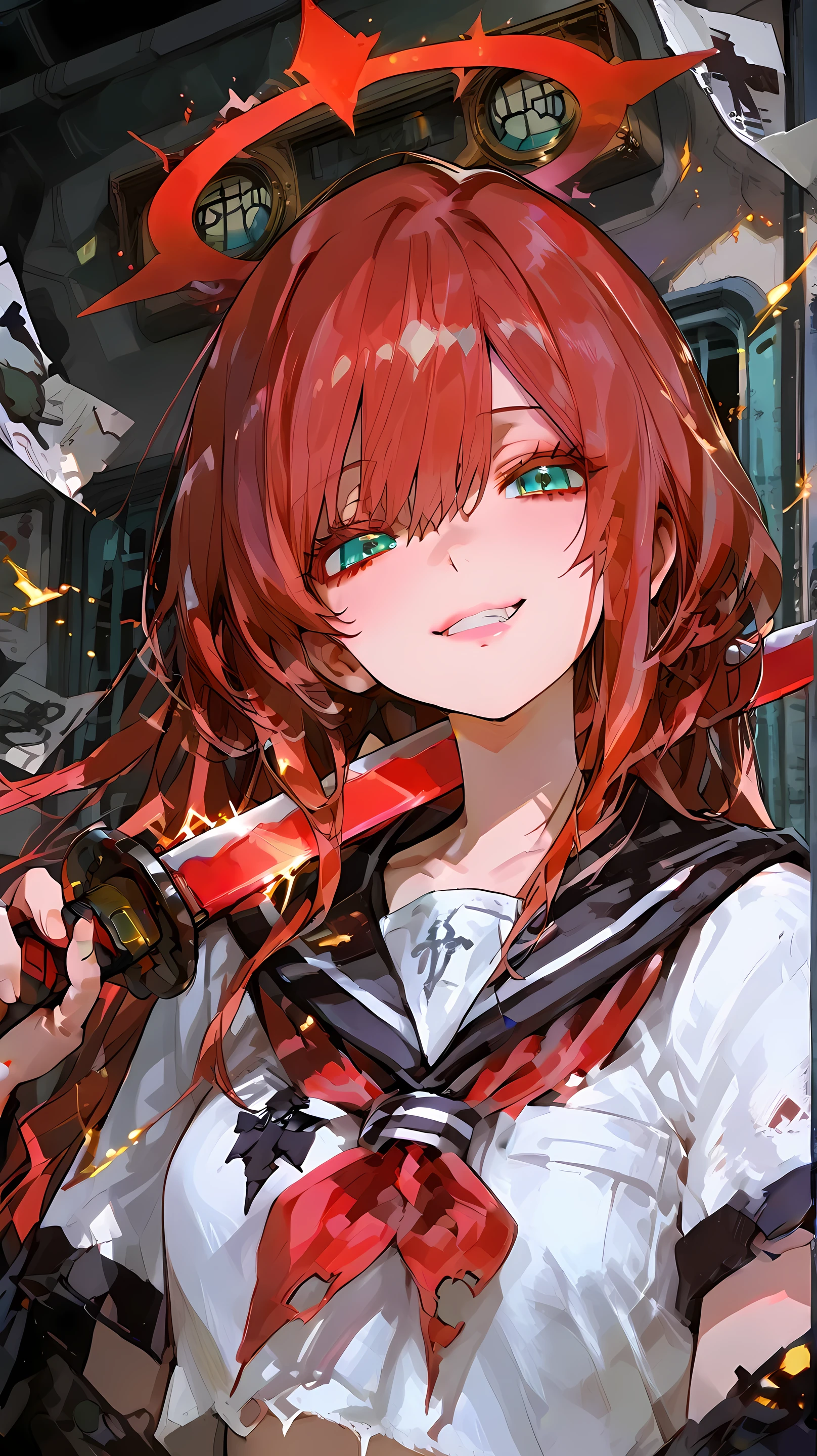 An anime girl in a torn school uniform stands under a flickering streetlight in thick fog, gripping a crimson katana over her shoulder. A sly, challenging smile curls on her lips as she faces the empty intersection. Floating around her: burning paper cranes, broken clocks, sparks. Her aura dares the unseen to rise. Ultra-detailed, 90s anime drama with Guilty Gear-style outlines and bold shadow play.