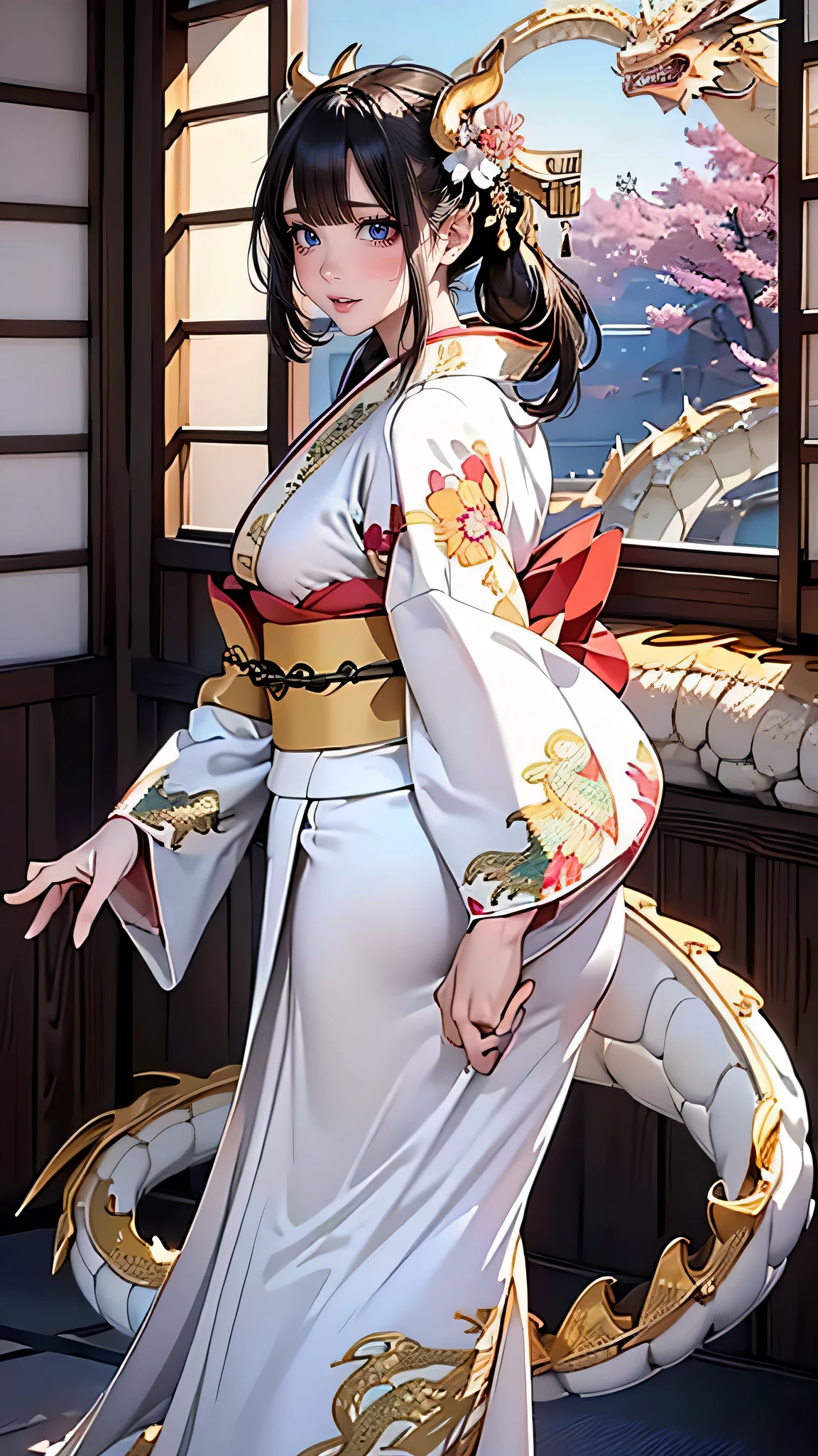 (Beautiful model in Japanese kimono commercial, beautiful straight long black hair), alone, ((face is 80% beauty and elegance, 20% pretty and cute:1.5)), clear eyes, (fine eyes, light green eyes, bright pupils), double eyelid, (Slightly thick and sexy lips:1.2), ((Super detailed and incredibly high resolution Deep-white Kimono:1.2)), Highly detailed facial texture, impressive body shape, curvaceous and very attractive woman, High resolution RAW color photography professional photography, break ultra high-resolution textures, High resolution body rendering, Big eyes, an unparalleled masterpiece, incredible high resolution, Super detailed, stunning ceramic skin, break ((Turn around to show the pattern of the kimono:1.5)), ((She wears a white kimono with plenty of glittering gold embroidery of a rising dragon.。:1.5)), ((The embroidery of the rising dragon on the white kimono is very dazzling.:1.2)), (A carefully crafted sensual Japanese kimono), ((The embroidery pattern is a dragon rising to the sky.):1.2), ((White kimono with elaborate and elegant decorations)), (Photographed in front of the round sliding sliding window in a Japanese-style room)), break ((highest quality, 8K)), sharp focus:1.2, (layer cut, big:1.2), (beautiful woman with perfect figure:1.4), (Beautiful and elegant rear view:1.3), thin waist, (correct hand shape:1.5), (full body shot | cowboy shot)