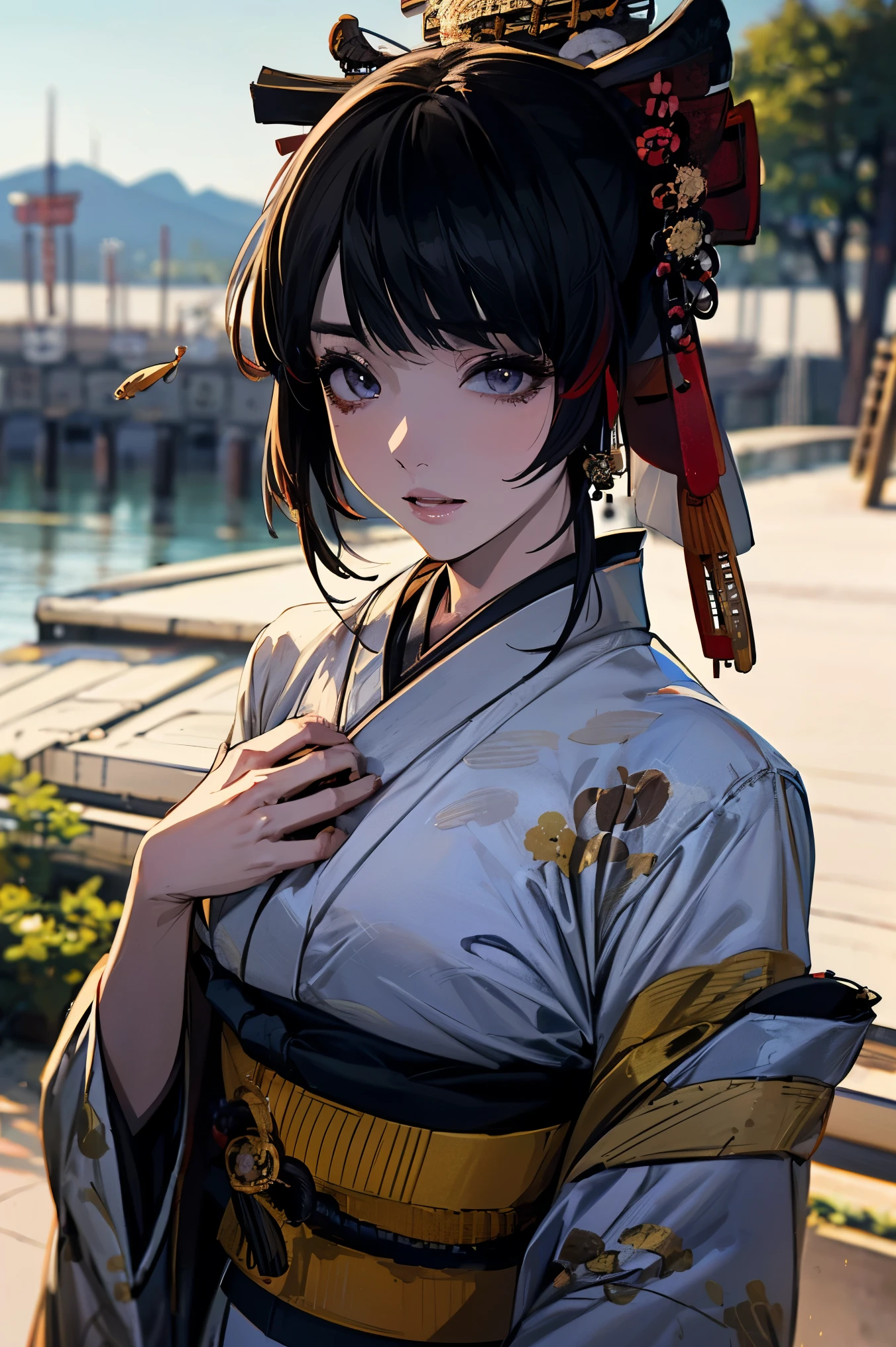 (masterpiece:1.5),beautiful hair,Beautiful Eyes,beautiful lips,Beautiful slender body,(Konno Anna:1.2),(Riho Yoshioka:1.1),(in the Imperial Court:1.3),(Riverside:1.4),bust illustration from the front ,((((An Extraordinary Beauty:1.7)))),(((( kimono,jacket,Taisho Romance:1.5)))),((19-year-old single woman holding a fish in her hand:1.1)),(accurately depicted anatomically correct hands:1.1)black hair,long lashes,Three-dimensional, jewel-like eyes,Very delicate and beautiful CG,2. 5D illustration, anatomically accurate body, (very precise illustration:1.1),(Outdoors:1.4), (wallpaper:1.4),8k