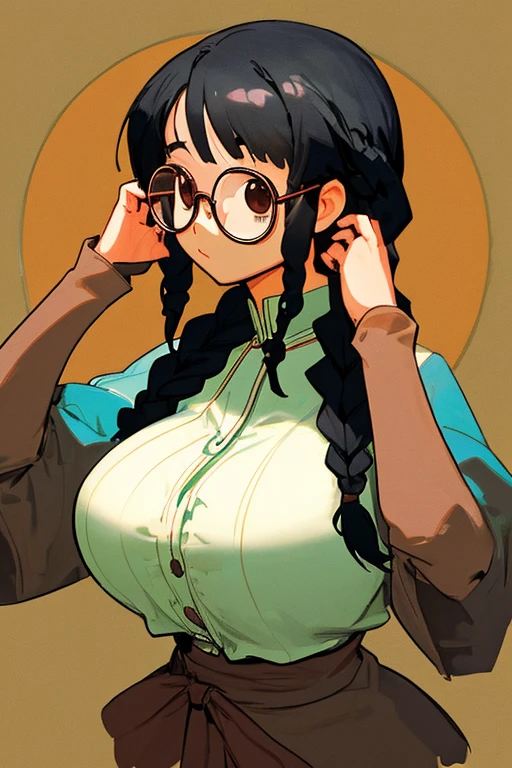 nico robin, one piece, one piece: strong world, 1girl, adjusting eyewear, bangs, black hair, breasts, closed mouth, collarbone, glasses, high ponytail, jewelry, large breasts, light blush, long hair, long sleeves, looking at viewer, necklace, ponytail, shirt, sidelocks, solo, green and white stripes, striped shirt, upper body, v-neck, ((masterpiece))