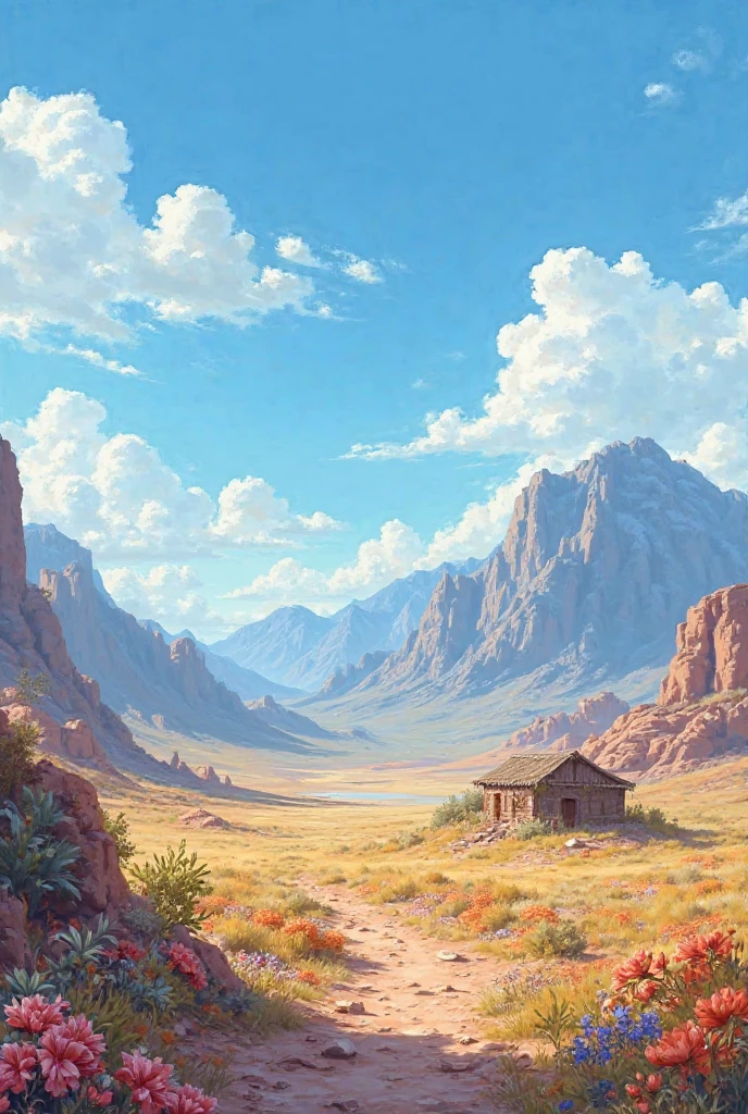 A painting in the style of a painting in which the painting shows a landscape of mountains, a blue sky with beautiful clouds, a lush and flower-filled desert, and a small hut in the distance. The size of the image is Landscape. The technique must be clear
