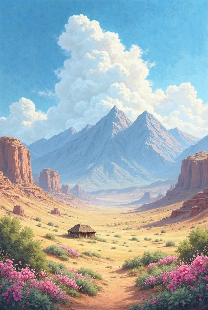A painting in the style of a painting in which the painting shows a landscape of mountains, a blue sky with beautiful clouds, a lush and flower-filled desert, and a small hut in the distance. The size of the image is Landscape. The technique must be clear
