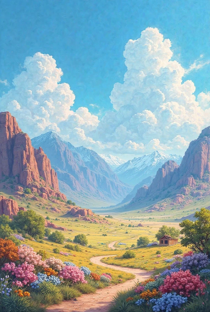A painting in the style of a painting in which the painting shows a landscape of mountains, a blue sky with beautiful clouds, a lush and flower-filled desert, and a small hut in the distance. The size of the image is Landscape. The technique must be clear