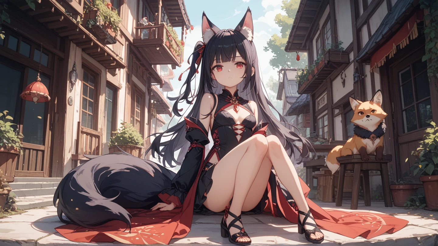 (Fox Girl, Fox Ears, Black colored hair, Fox Makeup, One Girl, Long Hair:1.6), (kimono, Kimono with open chest, A beautiful kimono with red and black patterns, I can see her cleavage, Open chest, Exposed skin:1.8), (Body size is 100-70-90!, Nice body, Big Breasts, Soft breasts, Emphasize cleavage, Knees are slightly visible, Muscular, Abdominal muscles, Grab your own chest:1.9), Avatar, face, lewd face, Dominant representation, naughty face, Uplifting, Skin Texture, outside, Grassy field