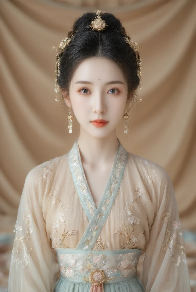 A stunning young woman in traditional Chinese attire, wearing an elegant silk hanfu with intricate floral embroidery. The fabric is a delicate turquoise color adorned with golden and pastel pink blossoms. Her hair is styled in an elaborate updo, decorated with golden hairpins, pearls, and delicate floral ornaments. A golden headpiece with a central pink flower adds a regal touch. She has soft, flawless skin, deep expressive eyes, and natural pink lips. Her serene expression exudes grace and elegance. The background is a warm, golden hue with soft, flowing fabric, enhancing the rich, traditional aesthetic. The lighting is soft and warm, giving a dreamy, ethereal feel. Ultra-detailed, high-definition, cinematic lighting, realistic textures, and delicate craftsmanship.
