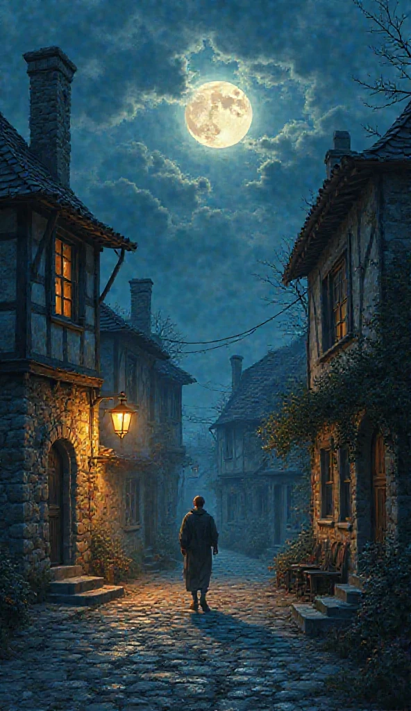 Un homme marche dans la nuit dans un village abondent 