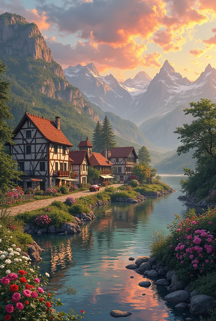 A small village by the river, mountains in the background, colorful flowers, detailed landscape style, beautiful natural scenery, atmospheric lighting,  scorching sunset ,  warm colors, practical, photographic, detailed foliage, complex buildings , cobblestone street, charming country house, vibrant colors, lush vegetation, reflections in the water, pitoresco, idyllic, work of art, Best Quality, 8k, extremely detailed, anime style