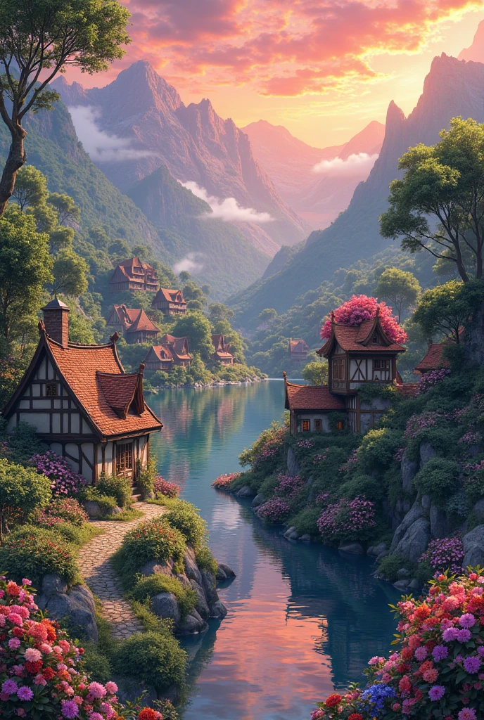 a small village by the river, mountains in the background, floral flowers colorful, detailed landscape, Beautiful natural landscapes, atmospheric lighting, scorching sunset, warm colours, practical, photopractical, Detailed Foliage, complex buildings, cobblestone street, Charming country house, swirly vibrant colors, lush vegetation, Still water reflections, Picturesque, idyllic, work of art, best qualityer, 8k, extremely detaild,anime styling