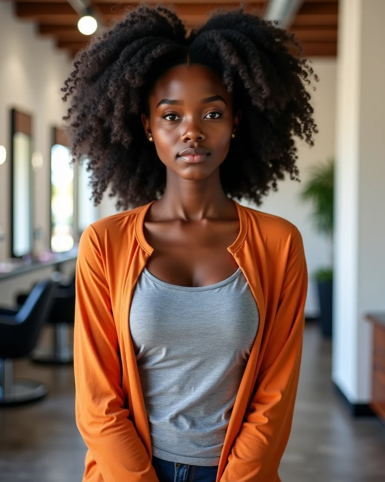 young black woman, afro, gorgeous mechanic, blank background, blue coverall, cleavage, no shirt, sfw