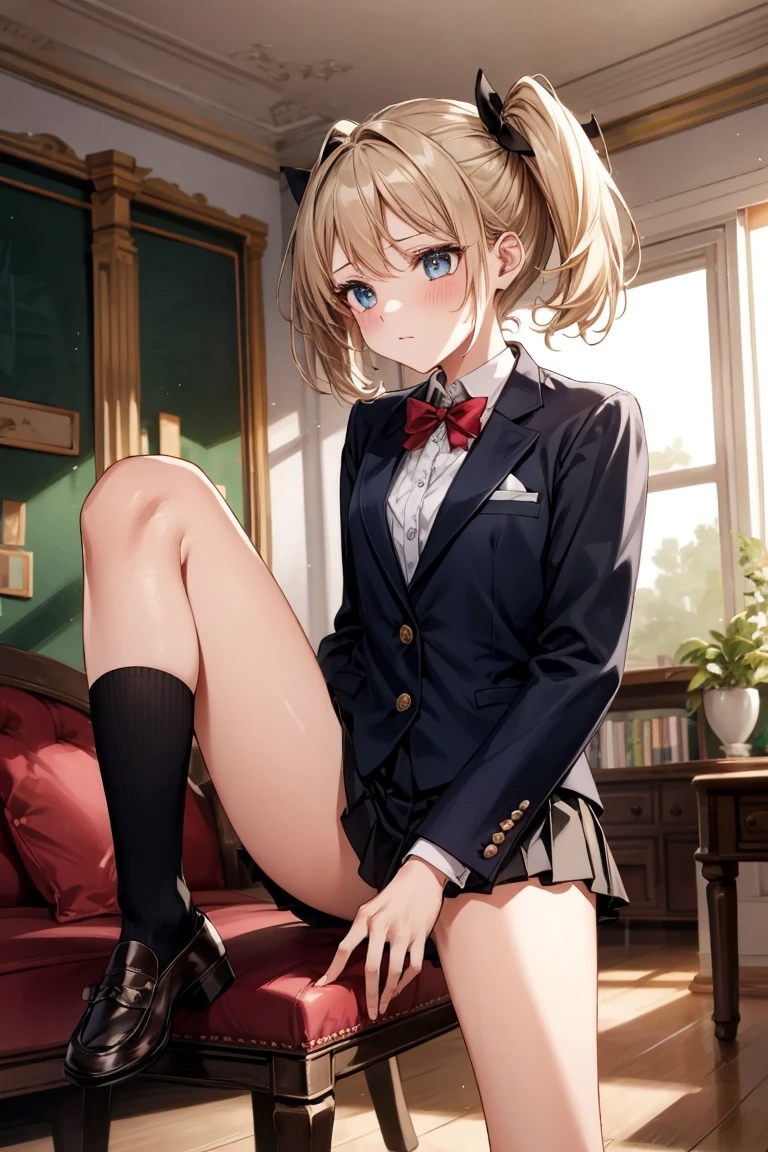NSFW:1.4, 8k, highest quality, masterpiece, lively, real person, Wallpaper by Unity 8k, school classroom、sit at desk、sit with legs apart、(1 girl) , beautiful eyes, (delicate face) , perfect details, (best lighting) , (超Complexdetailed),、(taken from below:1.5)、Peeking out from under the skirt、cowboy shot、{Low - Angle:1.4}、show panties、laughter、smiling girl、high , {navy blue blazer:1.2}、{white shirt}、{yellow ribbon}、{gray pleated skirt}、((small breasts:1.2))、wears a proper uniform、(1 girl),(beautiful eyes、drawn in detail、face every detail、Masterpiece Side Light、masterpiece、highest quality、detailed、High resolution illustrations),delicate makeup, (Close-up:1.2)、throw、soft focus ground bokeh、turn to me and smile,black eye,Half-up hair with short bangs((blondes)))、curly hair,short hair, ((low twintaols:1.3), (short twin tails:1.3), Very detailed, Complex, table top, small ass、thin thighs、Very large breasts、Exposing the breasts、Bare your breasts