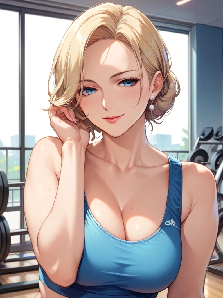 (masterpiece),(top-quality:1.1),1girl,(masuter piece:1.3),exquisitedetails,Ultra-detailed,(Realistic:1.1),Vibrant colors,Soft tones,(35 years old),wavy hair,(blonde hair:1.2),(forehead:1.3),(long hair),(Dark blue eyes:1.3),(half close eyes:1.1),large breasts,(sagging breasts:0.5),penis,(deep throat:1.1),(in gym:1.2)
