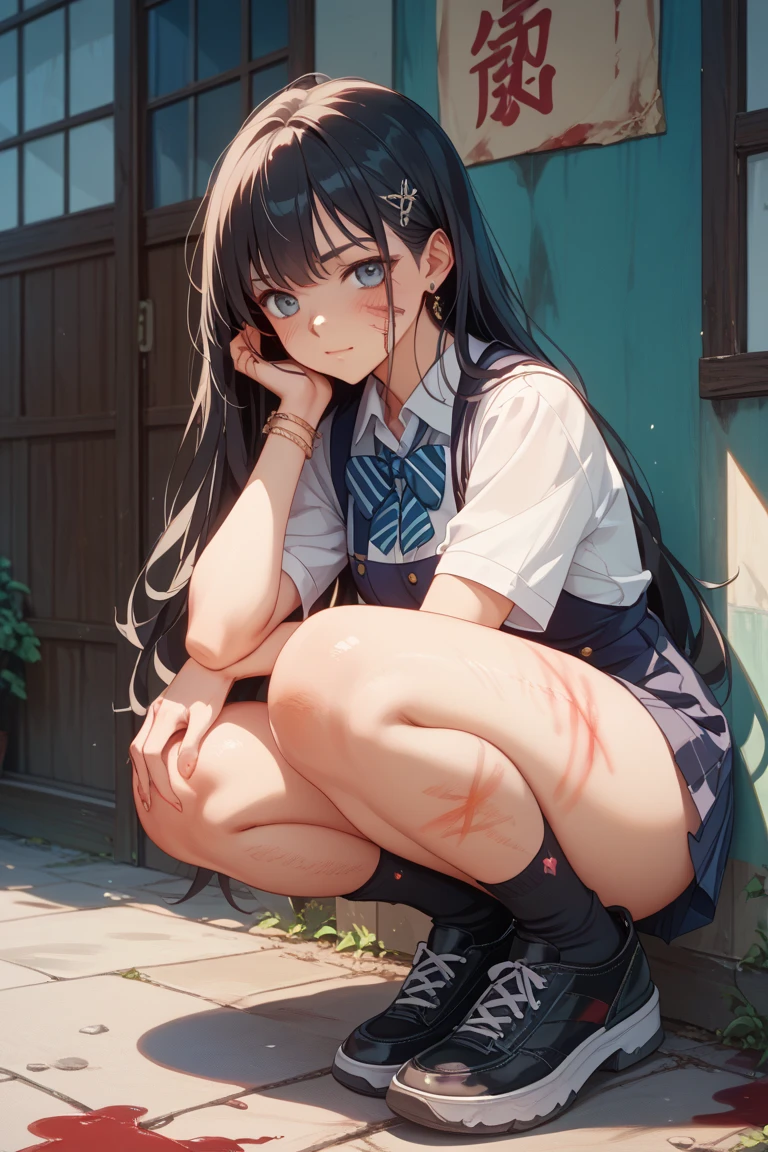 anime girl sitting on steps with her legs crossed (Highest quality:1.2, 4K, 8k, Studio Anime, Very detailed, up to date, Vibrant, Attention to detail, High Contrast, masterpiece:1.2, Highest quality, Best aesthetics), (((1 girl))), Sit and pose, ＪＫ, Sailor suit, Pleated skirt, loose socks, loafers, Open your mouth a little:1.2, smile, Dynamic Angle, look up:1.3, Friendly atmosphere, Beautiful Hair, Shiny Hair, Beautiful Skin, Detailed face and eyes, Glossy Lips, Curvy Women, Striking contrast,
