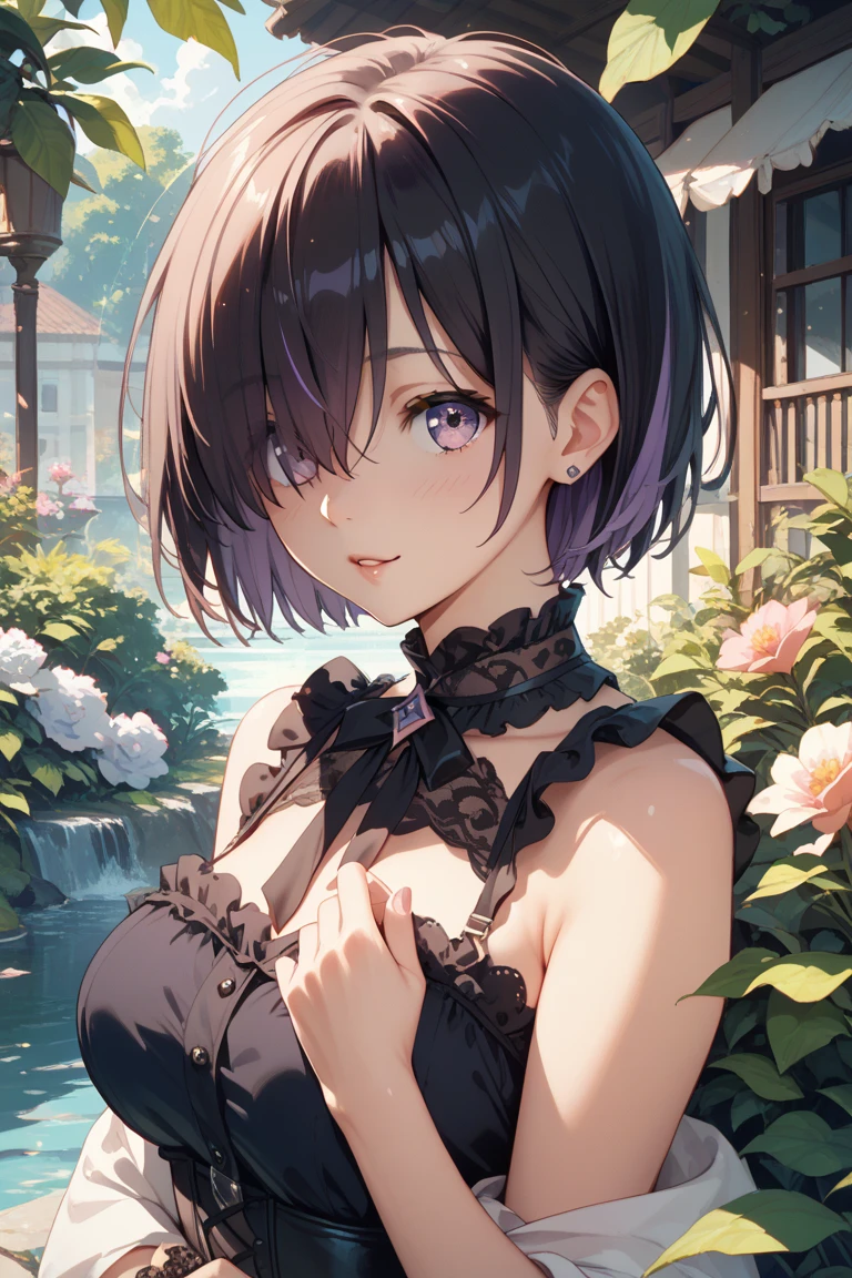 ((Highest quality))、((masterpiece))、(detailed)、((Anatomically correct))、(High resolution、8k)、Two Women、(kiss:1.3)、Two people looking at each other、Half-closed eyes、cowboy shot、 (Beautiful Eyes:1.2)、Gothic Dress、Gorgeous garden with blooming flowers、Petals fluttering、Blue sky、F Cup、Slipping、Nipples、(grabbing breasts:1.3)