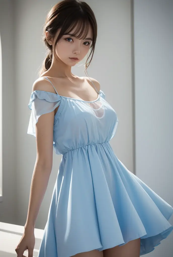 ((Best quality, 8k, Masterpiece :1.3)), Full body, Sharp focus :1.2, Perfect Body Beauty: 1.4, Slim Abs: 1.2, ((Dark brown hair, Big breasts: 1.2)), Highly detailed face and skin texture, delicate eyes, double eyelids, white clothes, sexy pose, suspenders, tank tops, shorts, short skirts, light tulle, transparent,