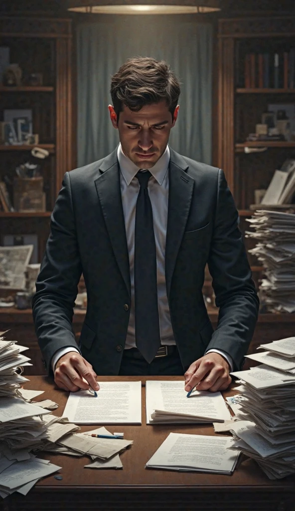 man studying for a competitive exam, offwhite, with an angry face, low hair with a background related to studying for a muscular competition and looking forward