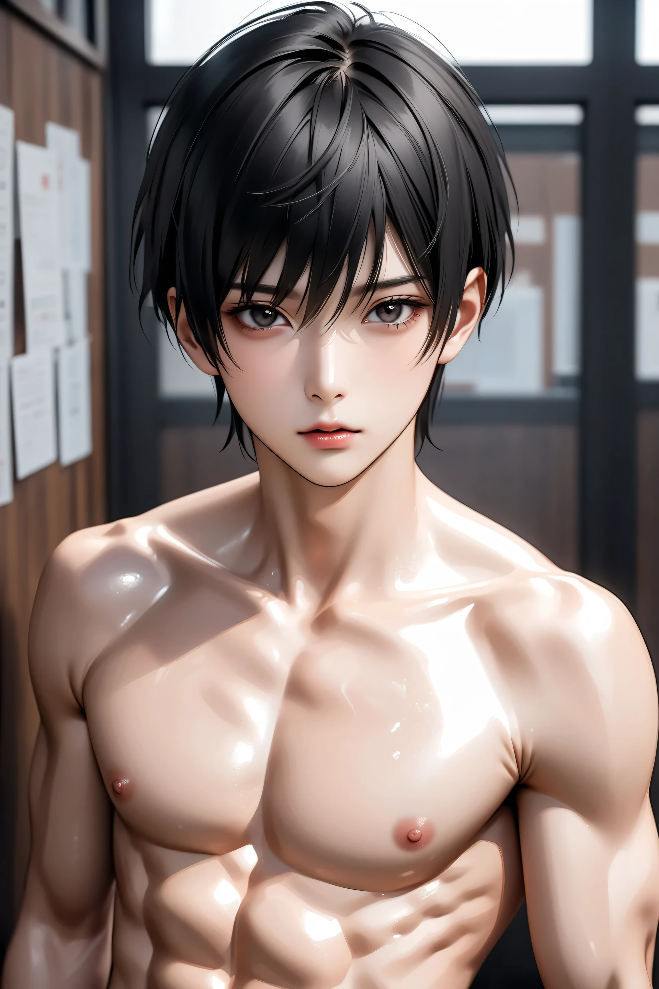 High Quality, photo realstic, Details, (black hair Japanese slim school boy), (Details black eyes), abs, (shiny skin:1.3), looking for viewer, naked, areola, nipple, black tiny thong, (bulge),