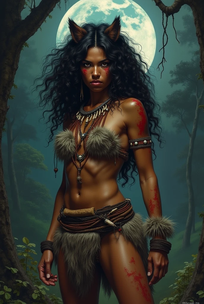 A fierce and proud indigenous woman from 1970s rural Brazil, standing in a forest clearing under moonlight. She has wild dark curly hair, piercing amber eyes, and wears common clothes and animal pelts around your shoulders, bone jewelry, and war paint in red ochre. Her expression is intense and commanding. Her body is muscular, her posture is alert, like a predator guarding sacred ground. The style is a dark fantasy painting, high detail.