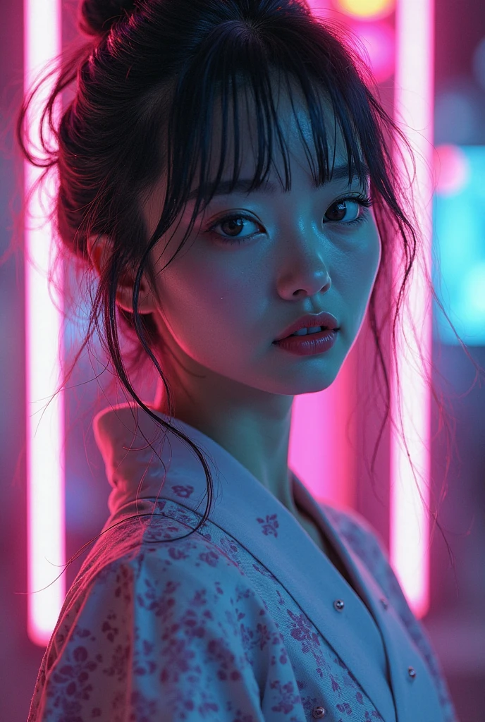 Create a japanese girl neon vibe with a ability of to unsee what is to see