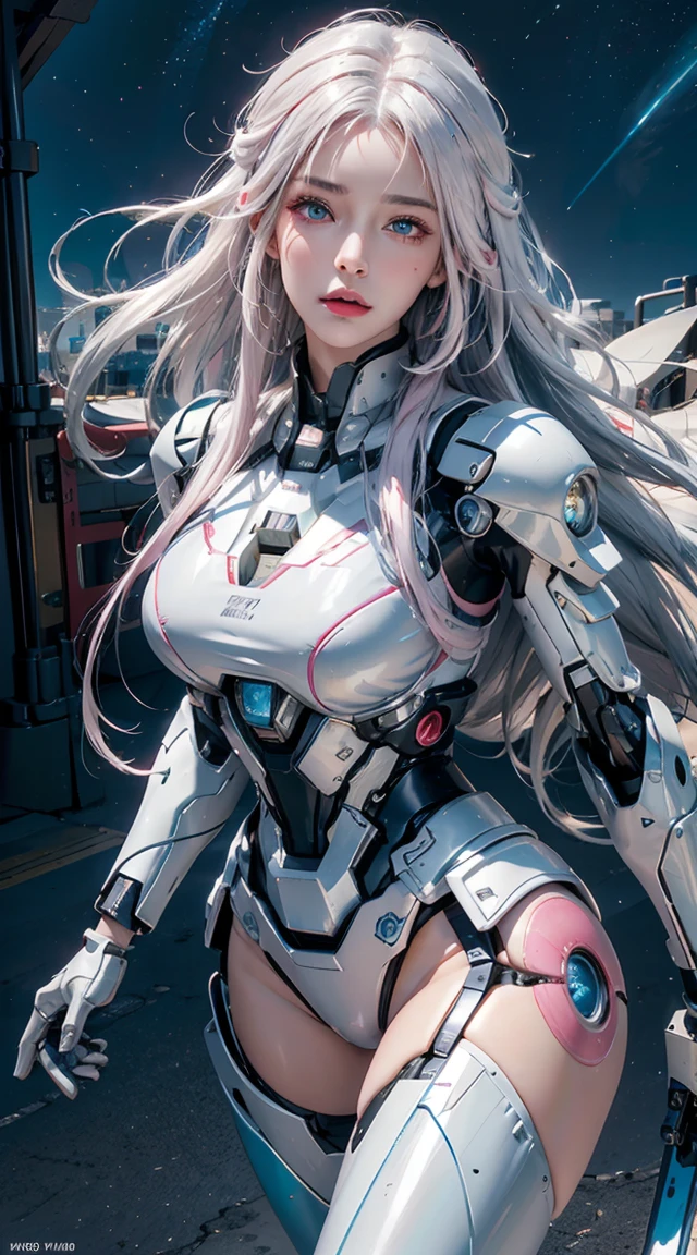 ((Extreme close up:1.6))、(((Lenses shining on both breasts:1.3)))、((Blue pillars of light radiate from both of his chests..:1.3))、break、(((Dynamic pose:1.8)))、smile、((8K)), ((32k)), ((Highest quality)), ((masterpiece)), ((超A high resolution)), ((Tmasterpiece)), ((Halation:1.4))、((Mechaニカルheadgear:1.2))、((Cyber Headphones:1.3))Fine skin, High quality fabric, High-quality metal texture、((Beautiful and dense face))、RAW Photos、Professional, Ultra-fine painting, ((alone)), Beautiful breasts、Highest quality, Very detailed, Very detailed詳細, Finer details, so beautiful, ((Princess Knight Robot:1.2)), (Joint of the machine, Mechanical Limbs:1.3), (The internal structure of the machine is exposed:1.3), (Long silver hair:1.1), (Beautiful and huge mechanical breasts)、White Veil, cowboy_shot, Side Focus, headgear, Shiny、(Five Fingers, Four fingers and thumb),Concept Art, Anime fantasy artwork, Detailed fantasy art, (with pale blue-violet hair and large white wings,,,,,,,,), (((Long silver hair))), (Mecha:1.6)、Sleek and intimidating design, ((Commander-in-Chief'arm)), (Perfect robot body)、純白と青紫のarmまたは, Symmetrical wings, 8K High Resolution, Detailed Art, 3D rendering of character art in 8K, neat legs, Defined, Defined fingers,((headshot:1.3))