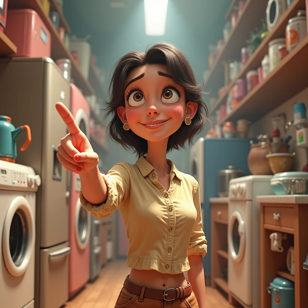 A lady pointing her finger down in Pixar style with household appliances in the background.