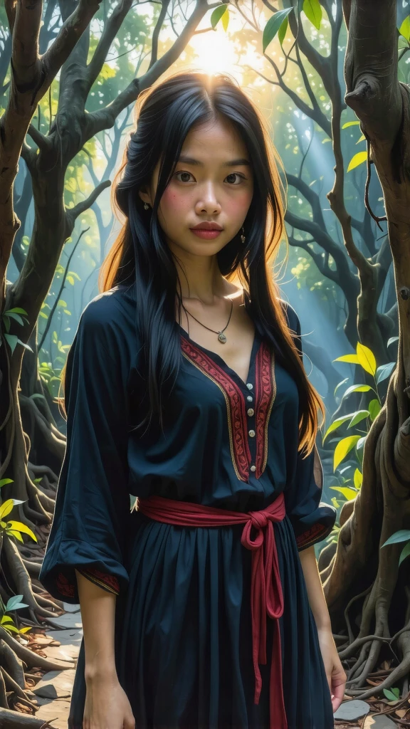 A breathtakingly beautiful Indonesian girl with fair, yellowish glowing skin (kuning langsat), deep ocean-blue eyes full of emotion, and straight, flowing jet-black hair cascading down her back. Her lips are naturally red, slightly full and captivating; her nose delicately high-bridged, giving her an ethereal elegance. She stands alone on a misty forest path at sunrise, wearing a vintage village dress with subtle batik accents in soft earth tones. Dew glistens around her, golden morning light cuts through the fog. Her aura is serene yet mysterious — as though she carries ancient secrets and a curse untold. Everything around her bends slightly, as if the forest itself acknowledges her presence. A surreal, cinematic atmosphere wraps her figure — haunting beauty entangled in a world of myths.”