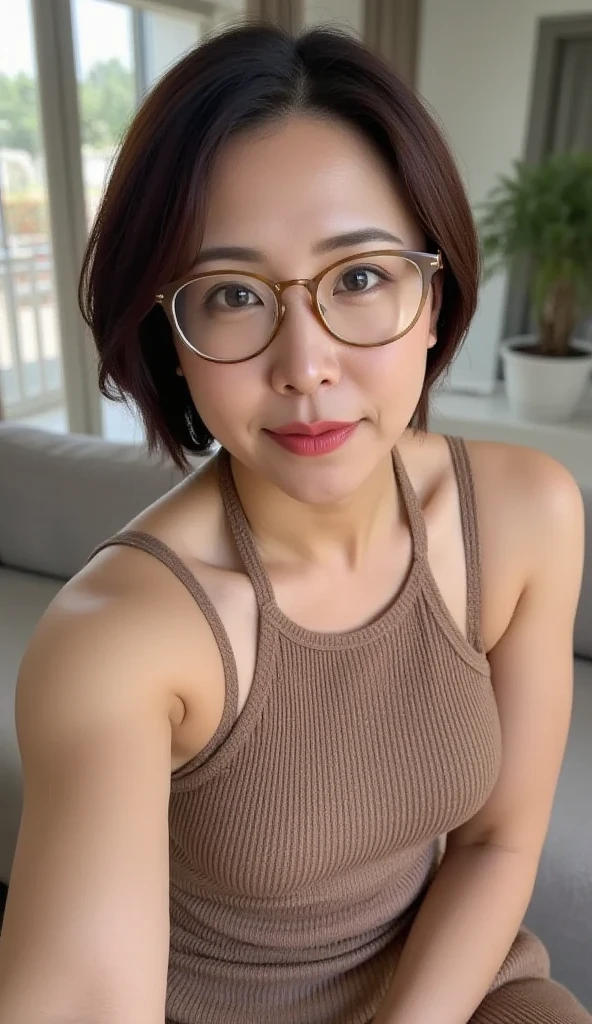 Tank Top Khaki Knitwear 60 years old Mom MILF Korean Lady large earring Big choker navel piercing decoration A bracelet Silver Hair realisitic Gorgeous Madame Beautiful Mature Woman sexy Smile Gentle woman navel piercing 4K High quality glasses kitchen Gorgeous Madame Beautiful Mature Woman