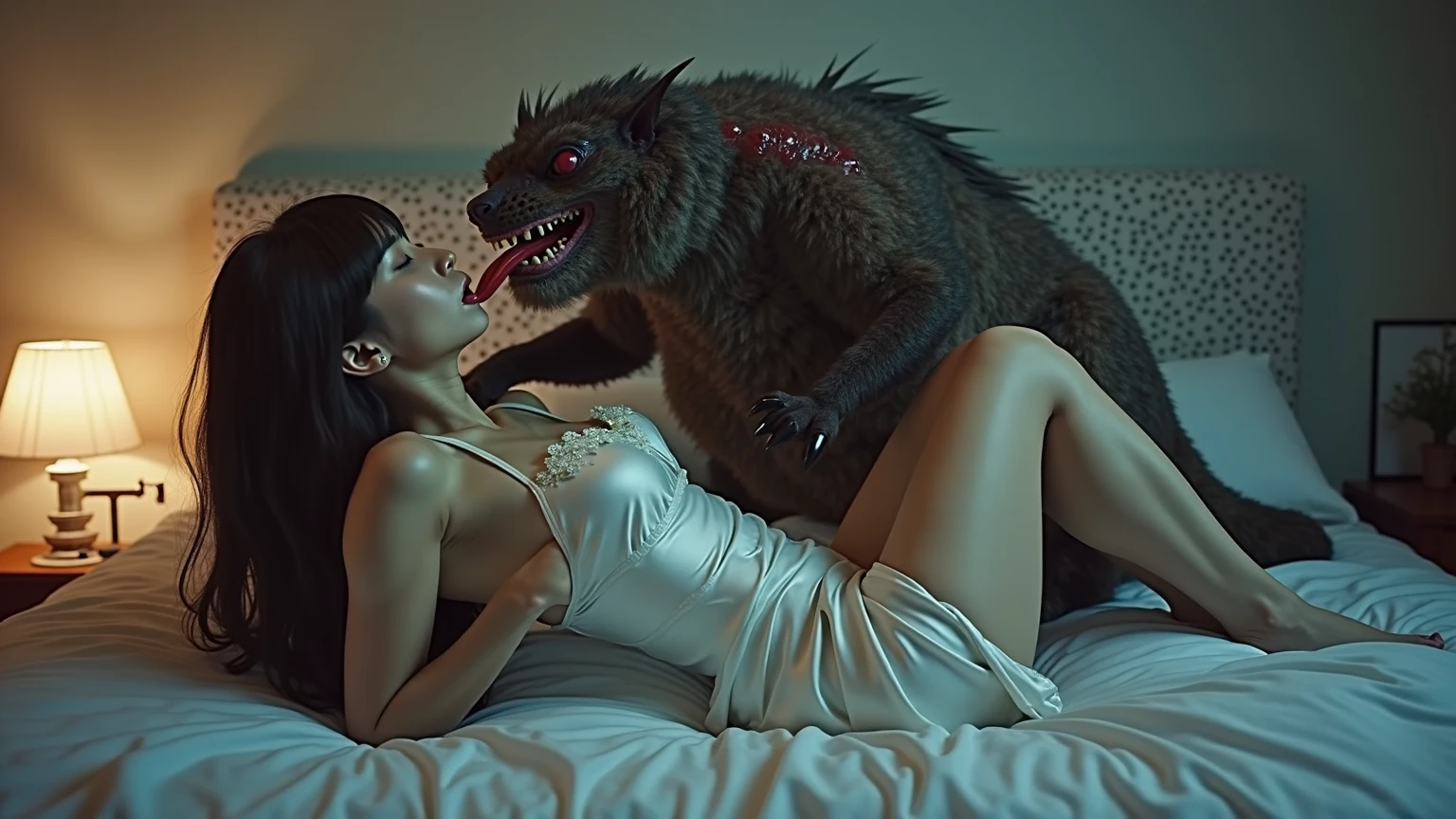 an american werewolf in london, muscular, movie screenshot, werewolf/human female mating, side view, from behind, breasts, doggystyle,
