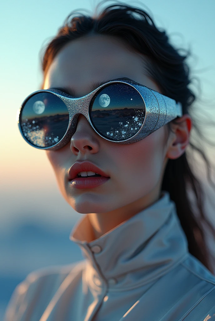 The model is wearing glass sunglasses with stars and the moon on the glass