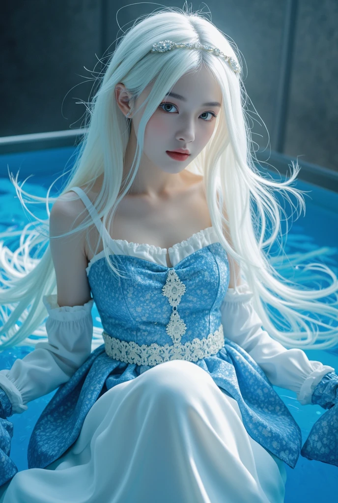 (Enrich the picture,Masterpiece level quality)Beautiful 8K CG artwork,Goddess-like posture,Kneeling exercise,Slim and soft,Translucent skin,White hair、The beauty of extra-long hair, Super Long Straight Hair,The skin is fair and juicy,Underwear uniforms,Perspective Part 1.2x enhanced silhouette effect,Exquisite transparent blues pattern in pajamas,The details are intricate and exquisite,The background is slightly blurred,Charming and lustful leg seduction,Drool,Extra-large big breasts,Blush,Japan goddess,Perfect body slim curves,Chiffon dress,