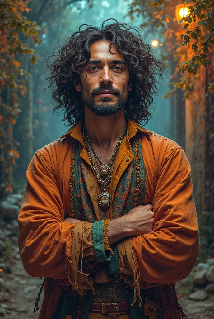 A friendly man with curly black hair of gypsy ethnicity with his arms crossed waiting