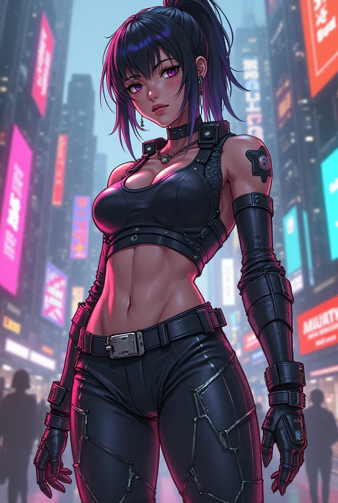 masterpiece, cyberpunk, crowd, city, night, neon light, toned, sci-fi, extremely detailed 8k wallpaper, 1girl, holding gun, battle, multicolored hair, blue hair, short hair, yellow eyes, two-tone hair, streaked hair, xenovia quarta dxd