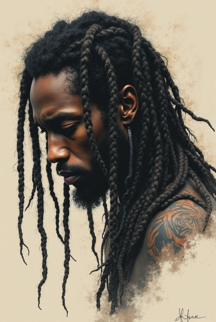Dessin d'un mec dreadlocks avec des tatouage