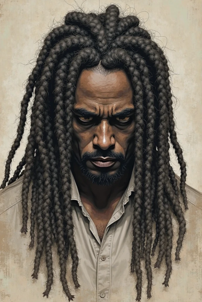 A tattoo of a gentleman with locs face slightly down in a dejected manner. Loc length should be down to his shoulders