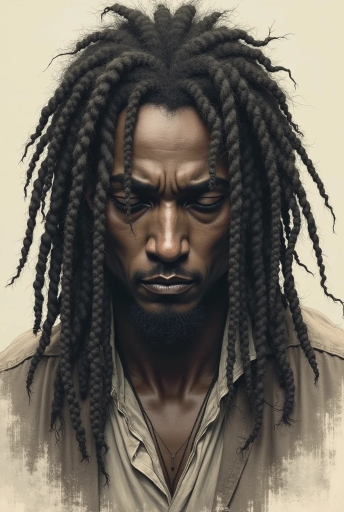 A tattoo of a gentleman with locs face slightly down in a dejected manner. Loc length should be down to his shoulders