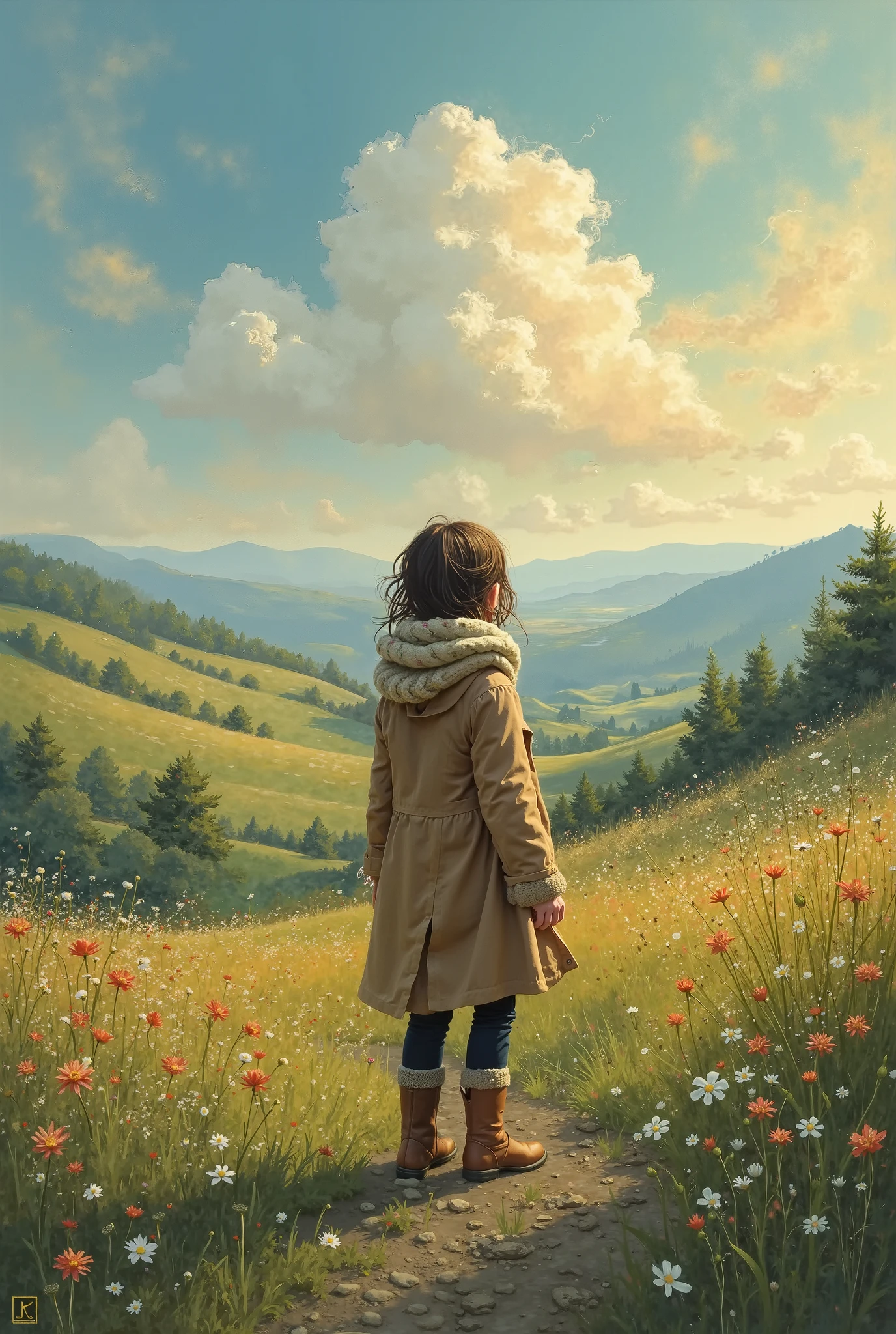 A painting with a portrait of a landscape in which a lush, flowery plain and mountainous is visible in the distance, there is a girl in a plain of flowers
