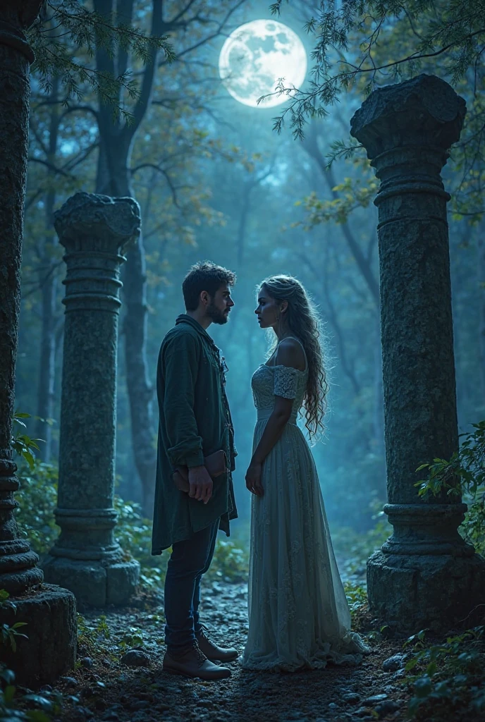 A moonlit forest clearing surrounded by ancient stone pillars, glowing faintly with magical runes. A man and a woman stand at the center, facing each other with urgency and emotion. The woman’s form flickers with magic—part human, part shimmering serpent. She rests a hand on one of the stones, her face torn between longing and duty. The man holds an old scroll, glowing with faint blue light. The scene is mystical, emotional, and filled with tension—a moment of impossible choice.