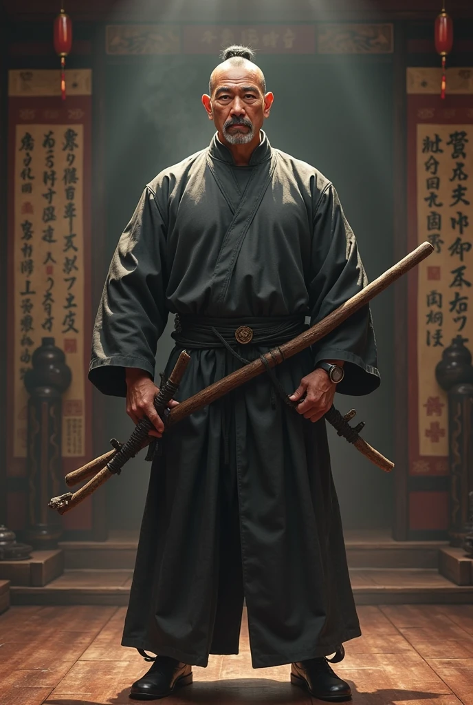 Generate the image of a Chinese stick teacher, muscular, dictator, antifootball
