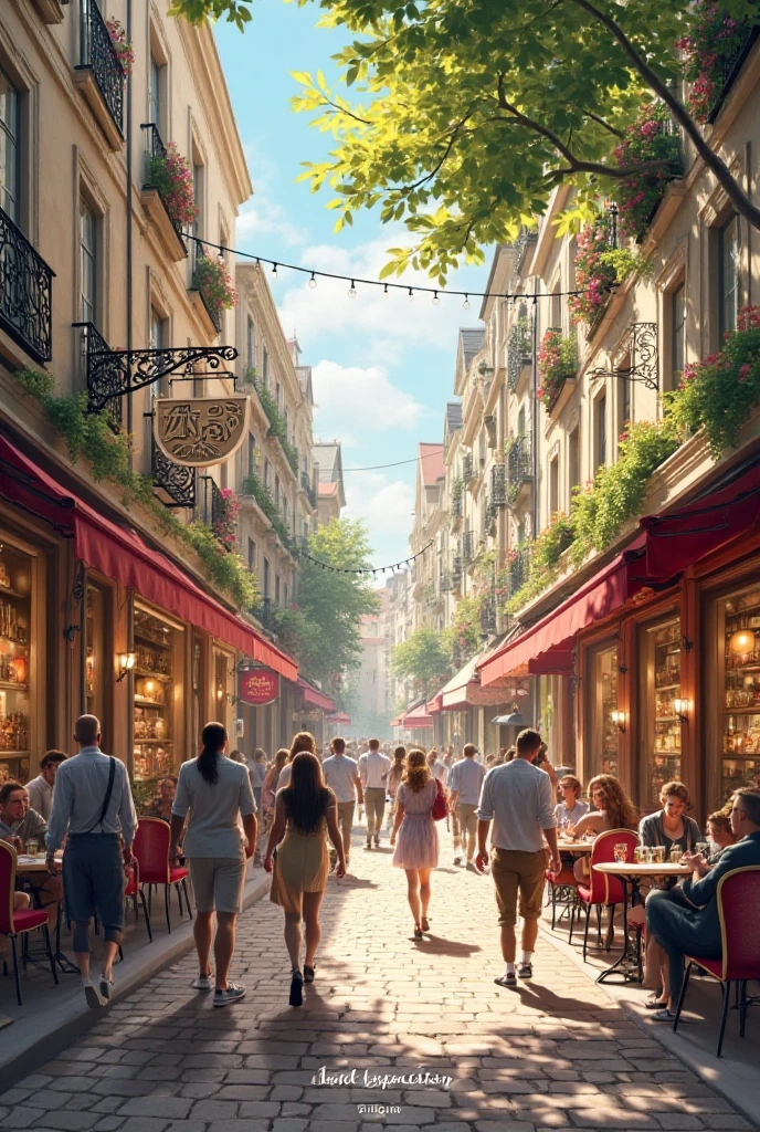 une image d une rue piétonne ( avec café , bistrots, boutique...
