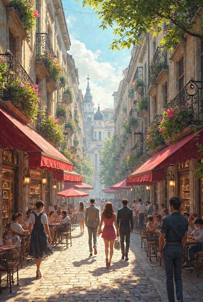 une image d une rue piétonne ( avec café , bistrots, boutique...