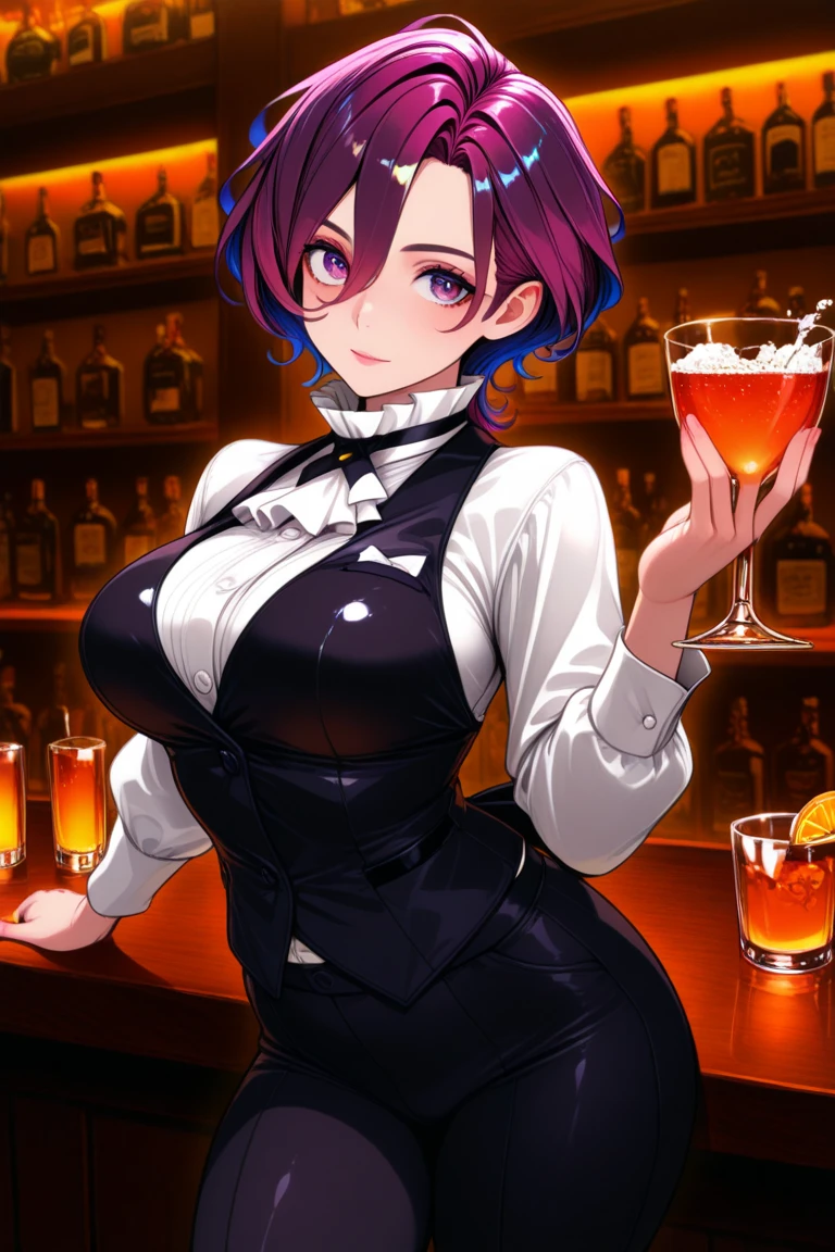 (masterpiece, best quality, high resolution, 8k), cowboy shot, BREAK, Waitress girl with beautiful curves, beautiful smile, dressed in a tight black miniskirt, white shirt and red bow on the neck, bigchest, with open black vest, hairstyle with a French braid and ponytail, purple hair, with white hairligth on the hair of forehead, brown eyes, well defined eyes, high definition eyes, eyelashes and black shadow under the eyes, with purple eyes, detailed, round eyes with eyelashes and highlighted eye shadow, BREAK, standing and carrying a plate of food in one hand, ready to serve in a dynamic pose in a house party .