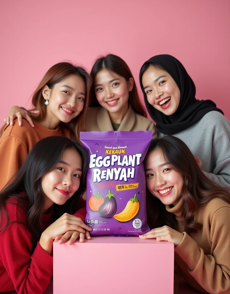 Beautiful Korean woman wearing a hijab, wearing a yellow crop top with the words "POWERMEN", right hand holding a long eggplant, at the end of the eggplant there are drops of condensed milk, left hand looking up, white begron