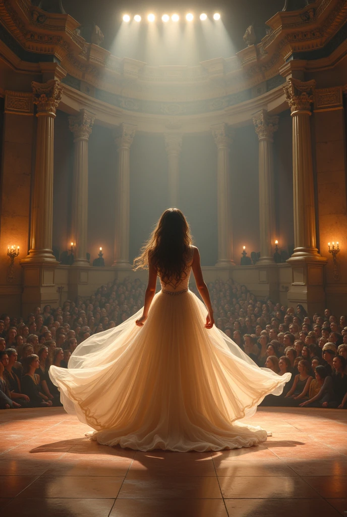A girl in a beautiful dress sings on stage, the hall looks like an ancient Greek amphitheater, lots of spotlights around