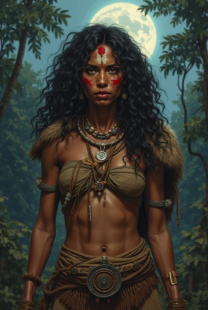 A fierce and proud indigenous woman from 1970s rural Brazil, standing in a forest clearing under moonlight. She has wild dark curly hair, piercing amber eyes, and wears clothes and animal pelts around your shoulders, bone jewelry, and war paint in red ochre. Her expression is intense and commanding. Her body is muscular, her posture is alert, like a predator guarding sacred ground. The style is a dark fantasy painting, high detail.