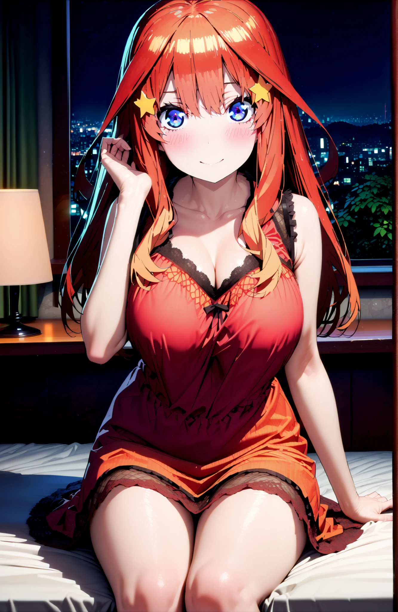 Nakano Mizuki , long hair, blue eyes, Hair Ornament, red hair,star ( symbol ), star Hair Ornament,Big Breasts,cleavage,smile,blush,close your mouth,red nightgown, sleeveless, red string panties,Bare legs,sits on a bed,curtains,decor,night,綺麗なnight景, Beautiful Streetscapes,full bodyがイラストに入るように,break looking at viewer,full body,
break outdoors,nature,
break (masterpiece:1.2), best quality, high resolution, Unity 8Kの壁紙, ( illustration :0.8), (beautiful detailed eyes:1.6), very detailed face, perfect lighting, highly detailed CG, (perfect hand, perfect anatomy),