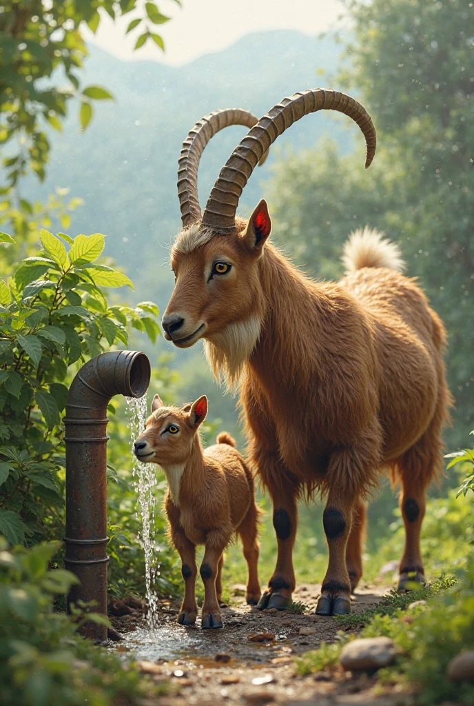 
"A big goat and her little  are watering a small guava plant with a pipe."
